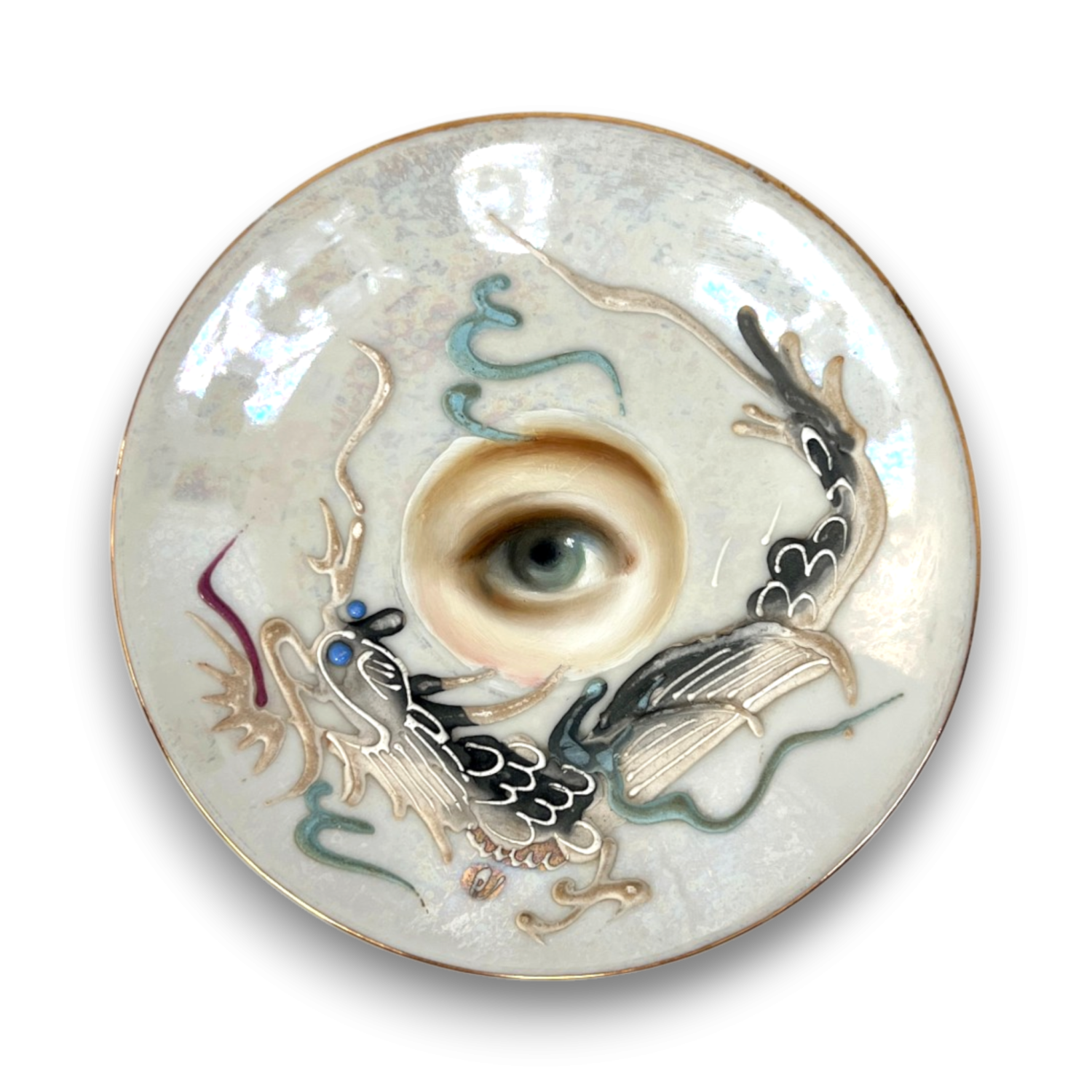 No. 3803 Lover’s Eye Painting on an Iridescent Dragonware Plate (Susannah Carson)