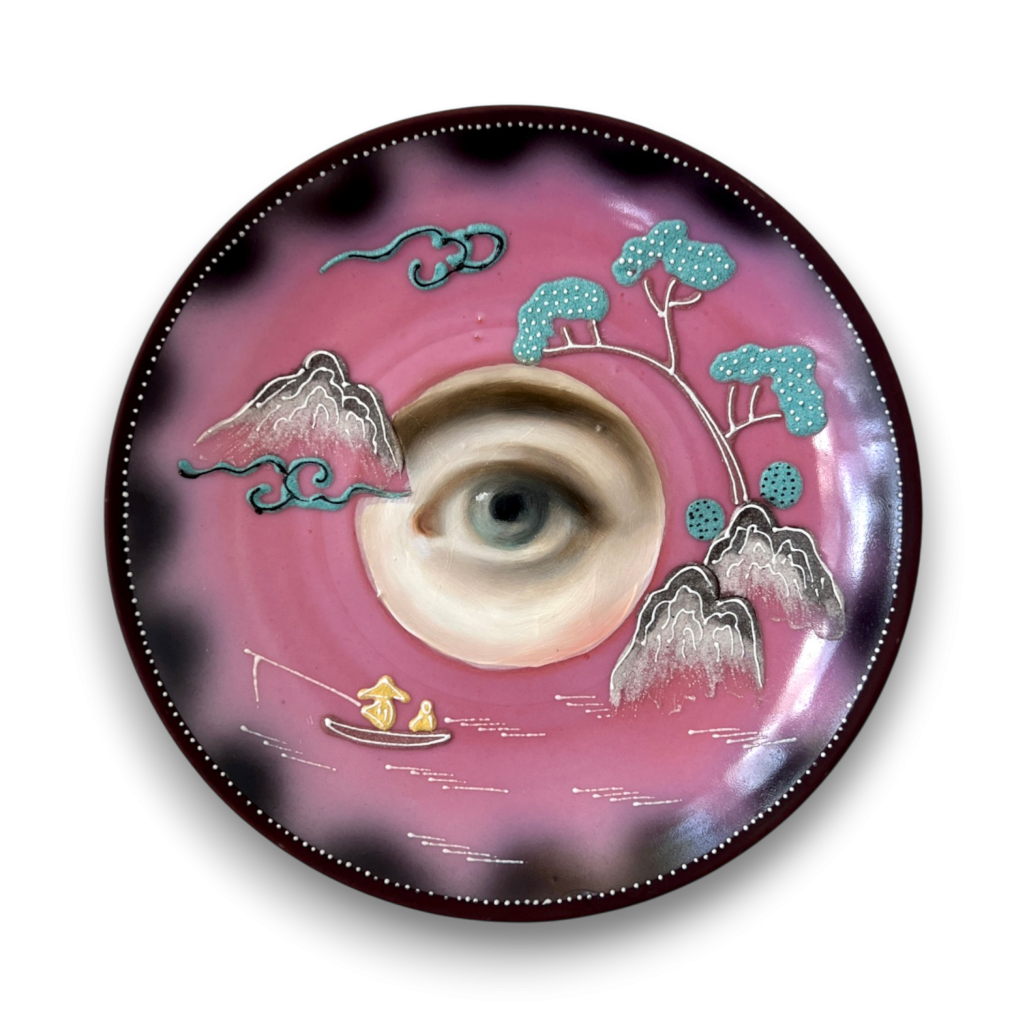 No. 3804 Lover’s Eye Painting on a Pink Moriage Plate (Susannah Carson)